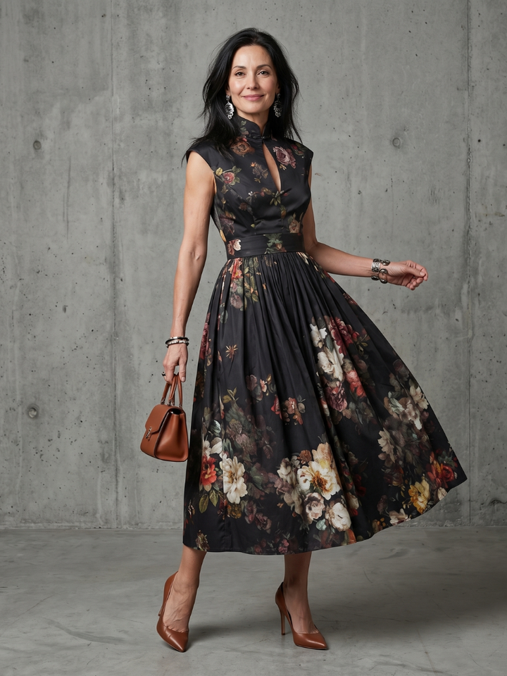 Charlotte | Robe Midi Florale à Col Montant et Découpe