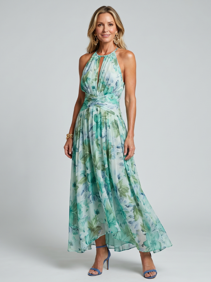 Portia™ Robe mi-longue plissée dos nu à imprimé floral délicat