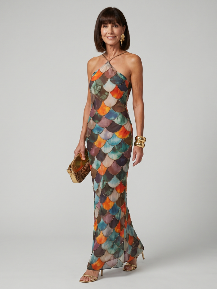 Elara | Robe Maxi à Motif Écailles Ajustée