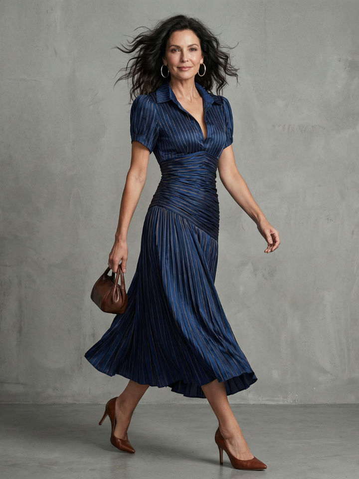 Constance | Robe Midi Rayée à Taille Plissée
