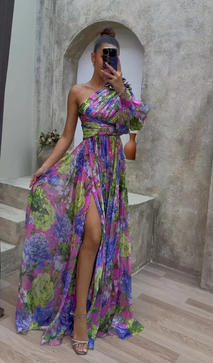 Elowen | Robe Maxi Fleurie à Une Épaule