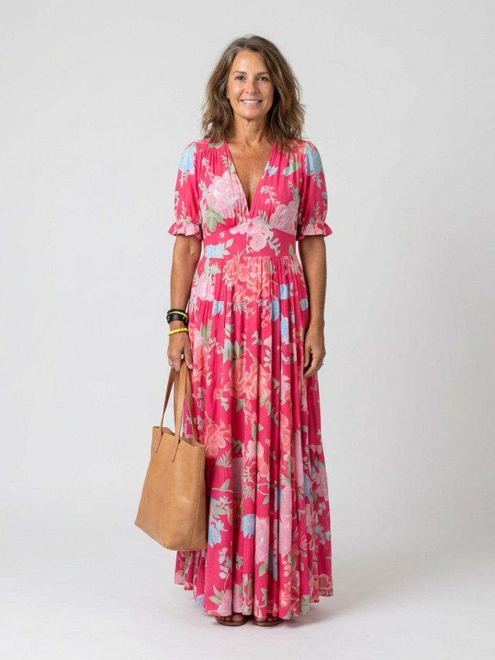 Ione | Robe Midi Fleurie à Manches Courtes et Col V