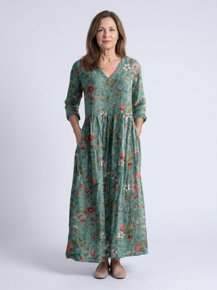 Marina | Robe Maxi à Encolure en V Florale à Manches Trois Quarts