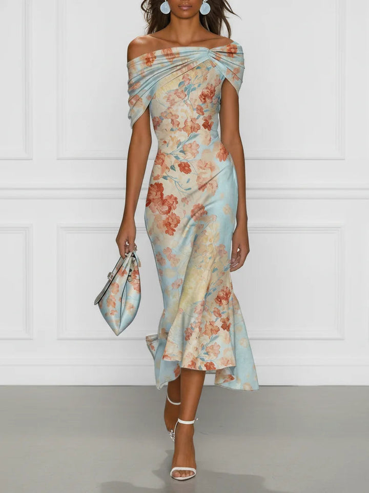 Vittoria - Robe mi-longue sirène sans manches à épaules dénudées et motif fleuri bleu