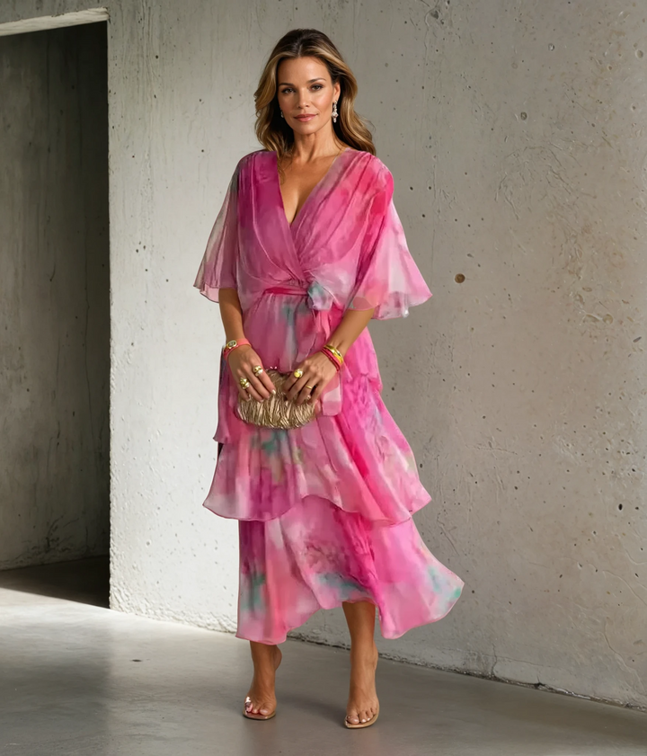Kimberly | Robe Midi Aquarelle à Volants