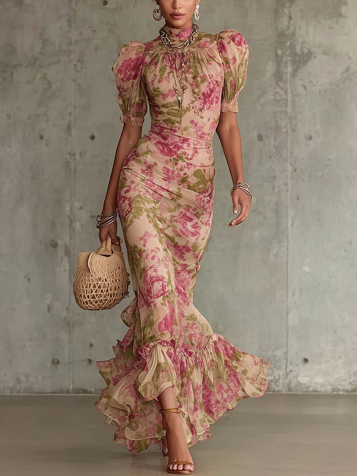 Fiora | Robe longue romantique à manches bouffantes et roses vintage