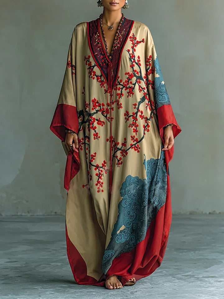 Robe Maxi en Fleurs de Prunier Rouge Japonais avec Manches Chauve-Souris et Imprimé