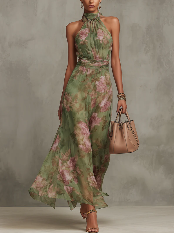 Serena | Robe maxi florale verte avec col halter