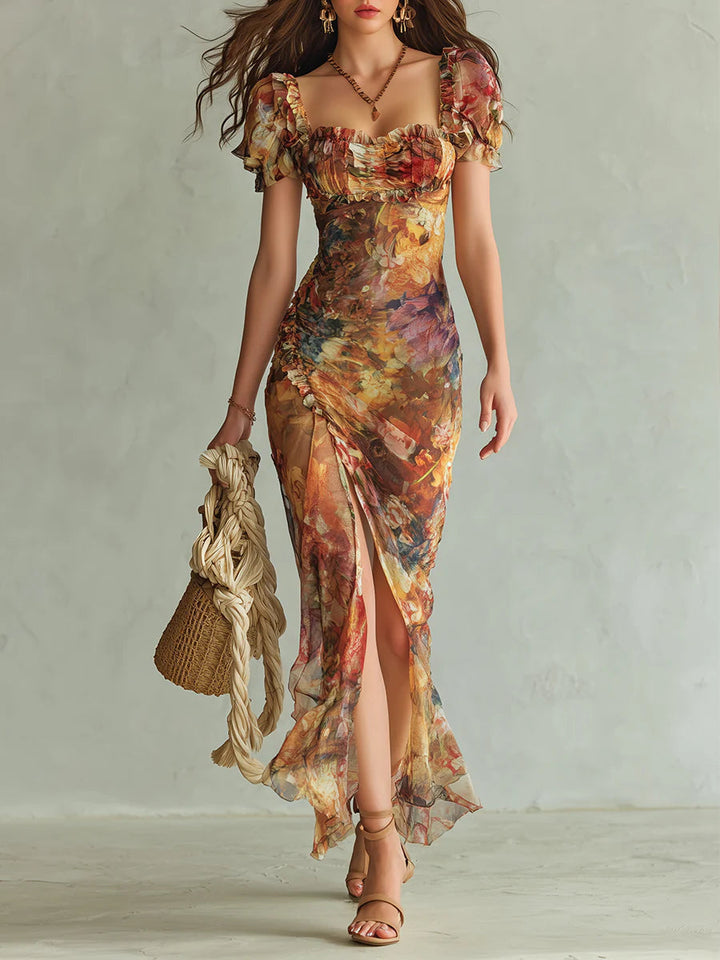 Viola | Robe longue orange en mousseline à imprimé peinture à l'huile de style bohème