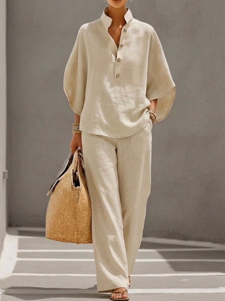 Eszter™ – Ensemble en coton et lin à manches chauve-souris et pantalon large • S1 - North & Co. Canada