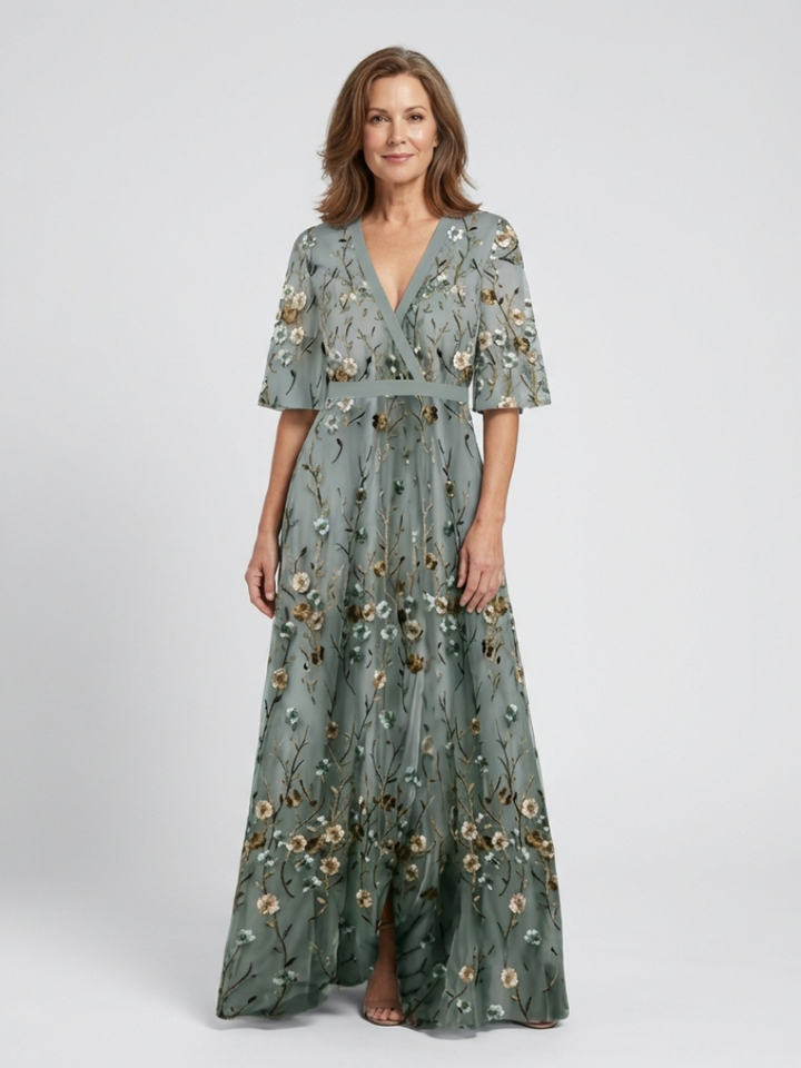 Evadne | Robe Maxi à Manches Courtes et Décolleté en V Floral