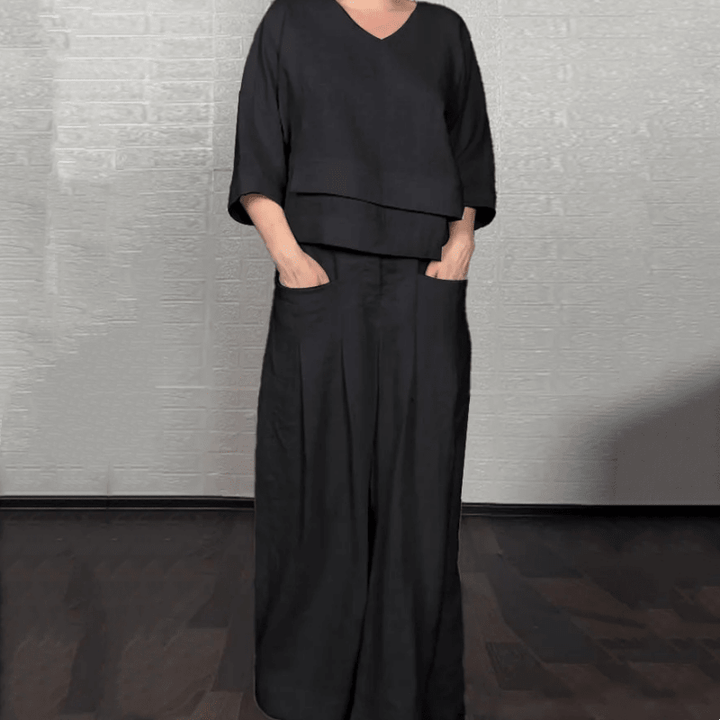 Liza | Ensemble 2 pièces coton-lin – haut à encolure en V et pantalon à jambe large • S1 - North & Co. Canada
