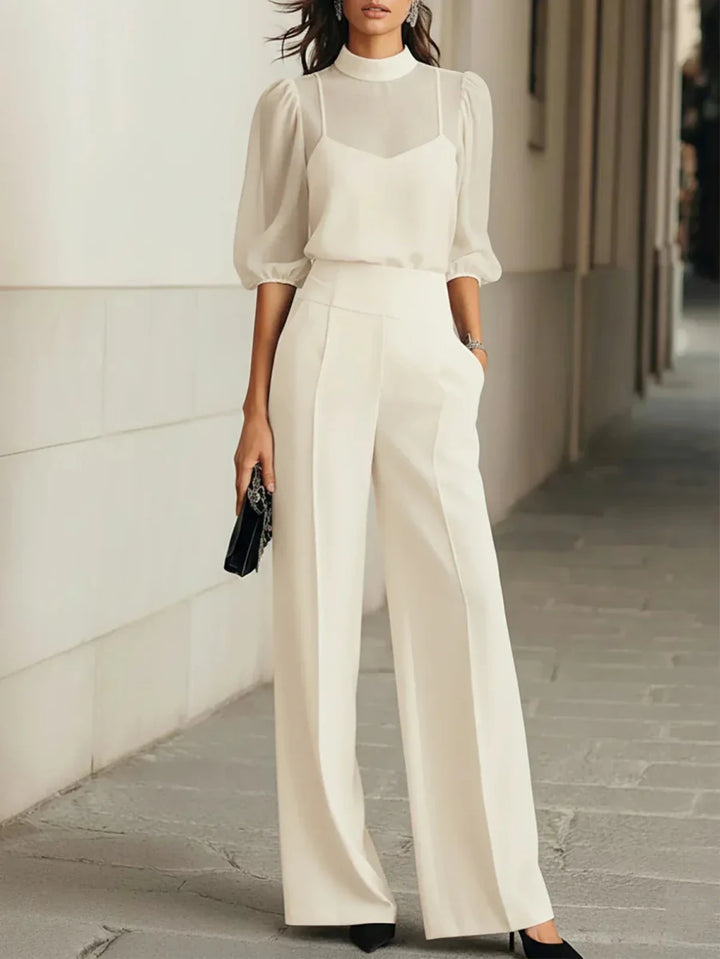 Valentina • Ensemble trois pièces noir avec camisole transparente et pantalon à jambes larges • S1 - North & Co. Canada