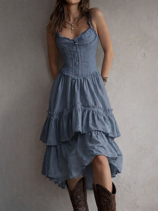Robe Midi Évasée Retro Boho avec Détails en Dentelle