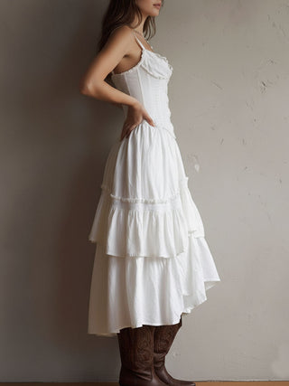 Robe Midi Évasée Retro Boho avec Détails en Dentelle