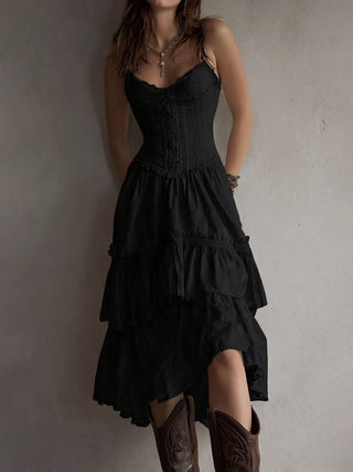 Robe Midi Évasée Retro Boho avec Détails en Dentelle