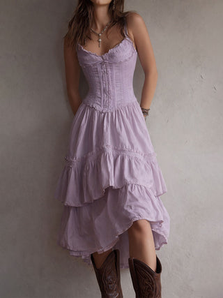 Robe Midi Évasée Retro Boho avec Détails en Dentelle
