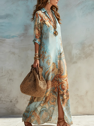 Robe Maxi Chiffon Bleu Style Baroque à Fleurs