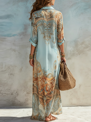 Robe Maxi Chiffon Bleu Style Baroque à Fleurs