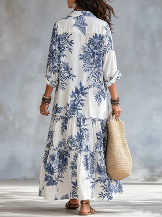 Robe maxi à boutons florale bleue bohème