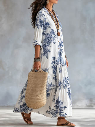 Robe maxi à boutons florale bleue bohème