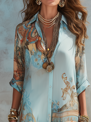 Robe Maxi Chiffon Bleu Style Baroque à Fleurs