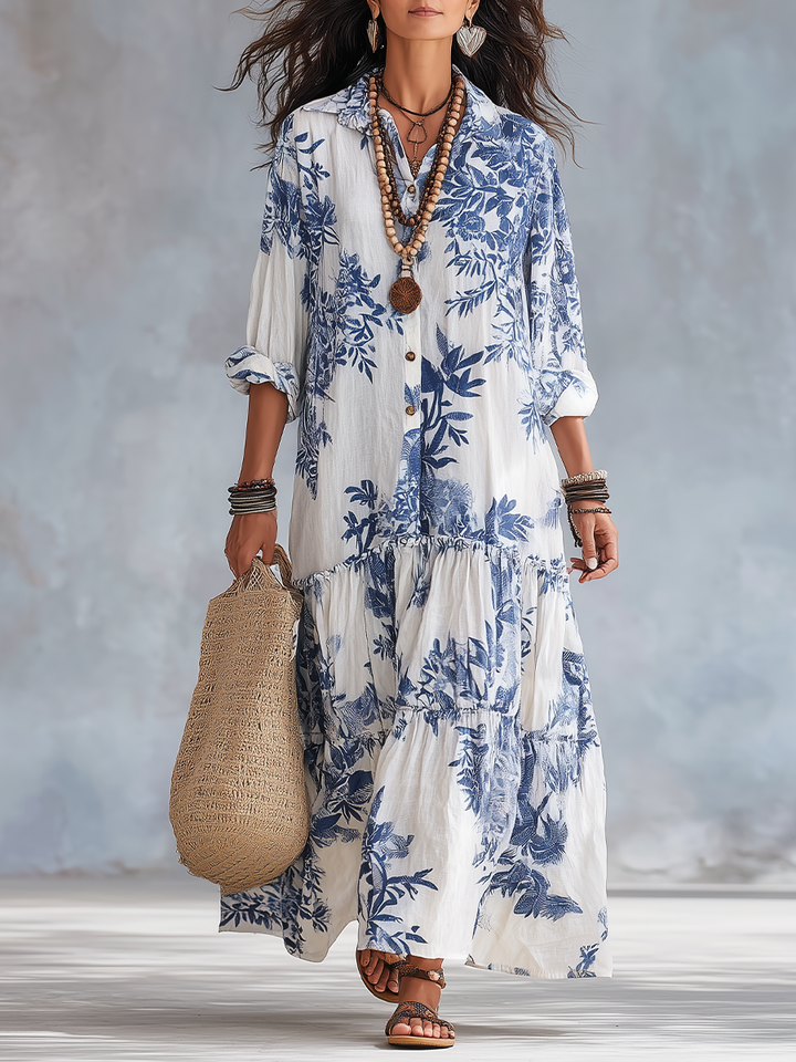 Robe maxi à boutons florale bleue bohème