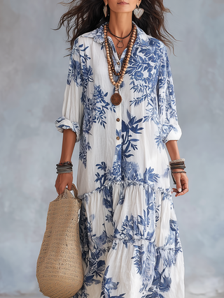 Robe maxi à boutons florale bleue bohème
