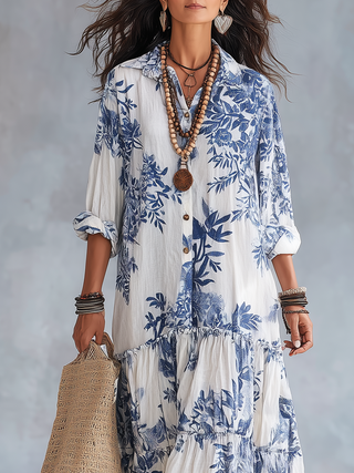 Robe maxi à boutons florale bleue bohème