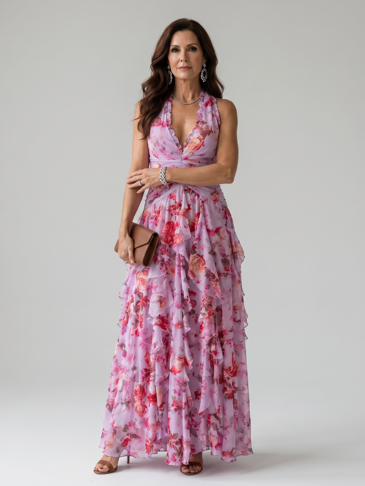 Nori™ Robe longue fleurie à col dos-nu et corsage froncé