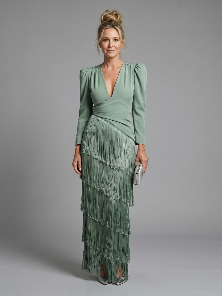 Marla | Robe Midi à Franges à Manches Longues