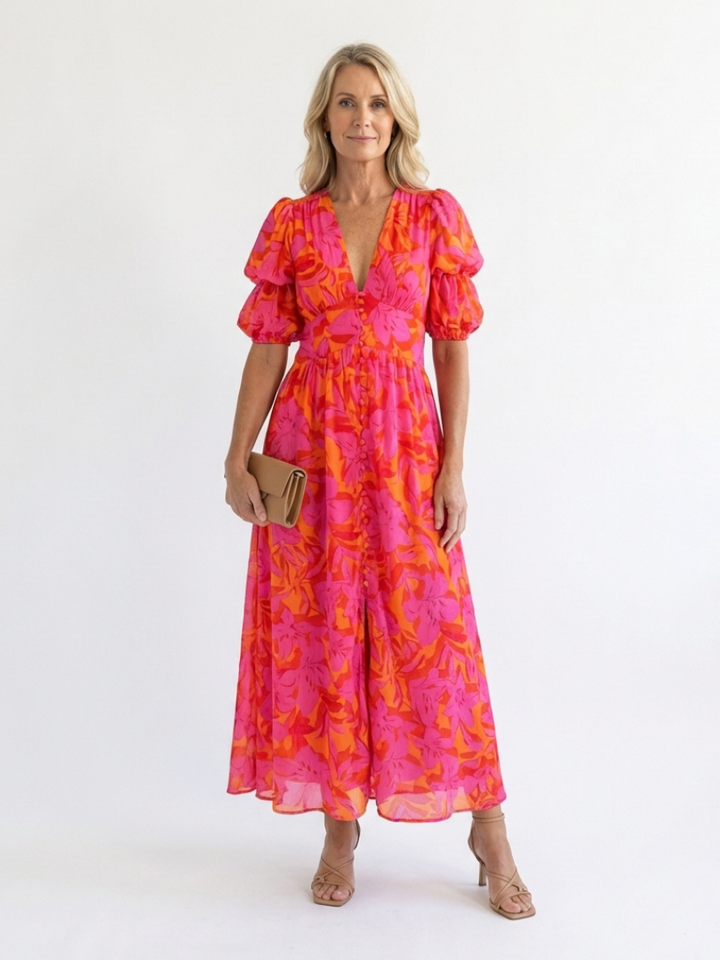Willow | Robe Midi à Manches Bouffantes et Décolleté en V Floral