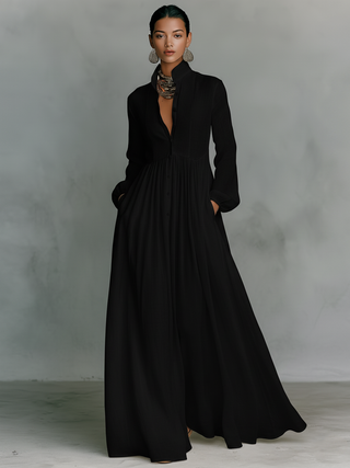 Sita | Robe maxi en patchwork, col montant et manches longues