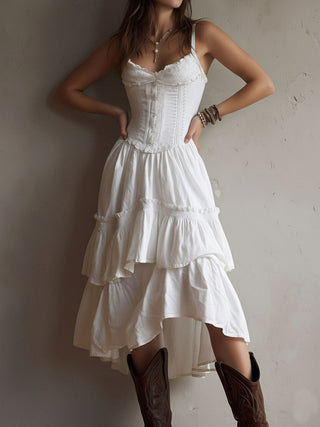Robe Midi Évasée Retro Boho avec Détails en Dentelle