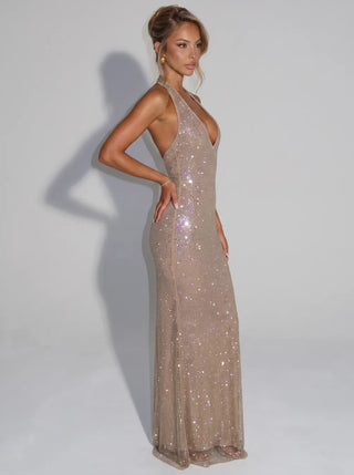 Sirea™ Robe mi-longue sans manches à sequins et panneaux transparents