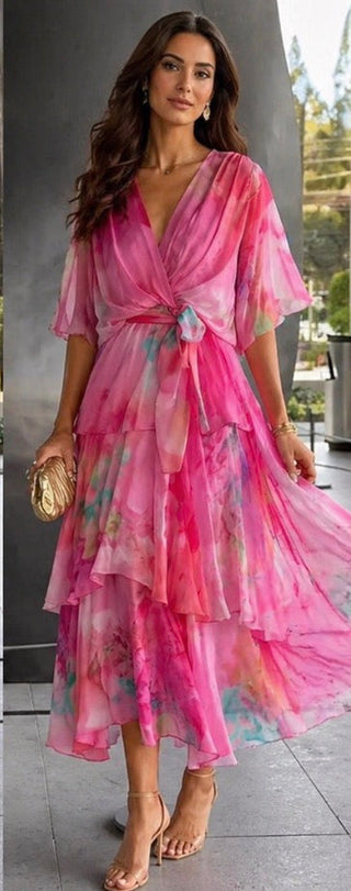 Kimberly | Robe Midi Aquarelle à Volants