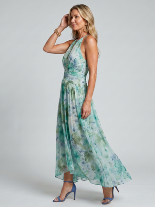 Portia™ Robe mi-longue plissée dos nu à imprimé floral délicat