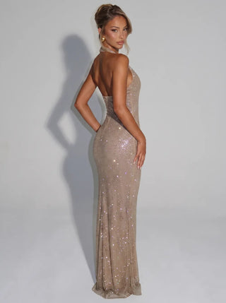 Sirea™ Robe mi-longue sans manches à sequins et panneaux transparents