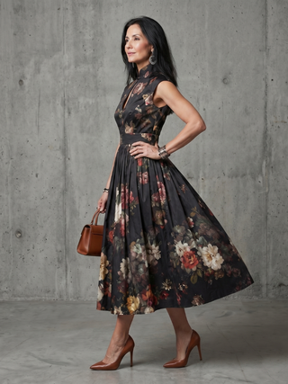 Charlotte | Robe Midi Florale à Col Montant et Découpe