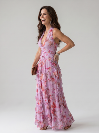 Nori | Robe Maxi Fleurie à Encolure Halter avec Bodice Froncé