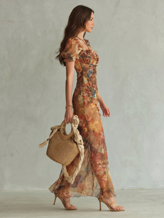 Ciel™ Robe mi-longue à manches à volants, corsage froncé et fente