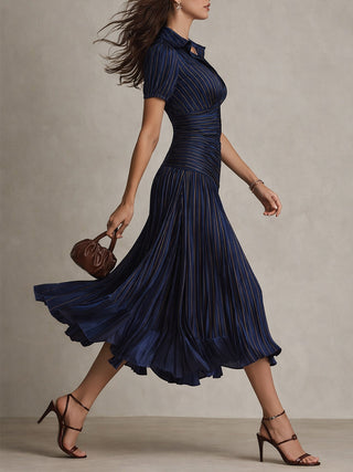 Adriana - Robe mi-longue en satin à rayures rétro