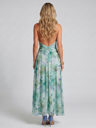 Gwyneth | Robe Midi Fleurie à Encolure Halter Plissée