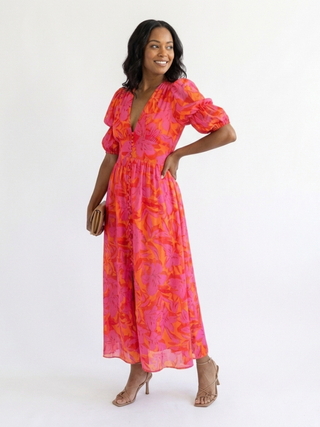 Roselle | Robe Midi à Manches Bouffantes Florales