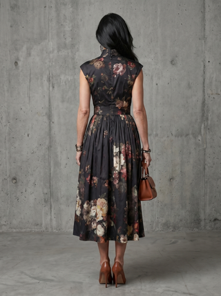 Charlotte | Robe Midi Florale à Col Montant et Découpe