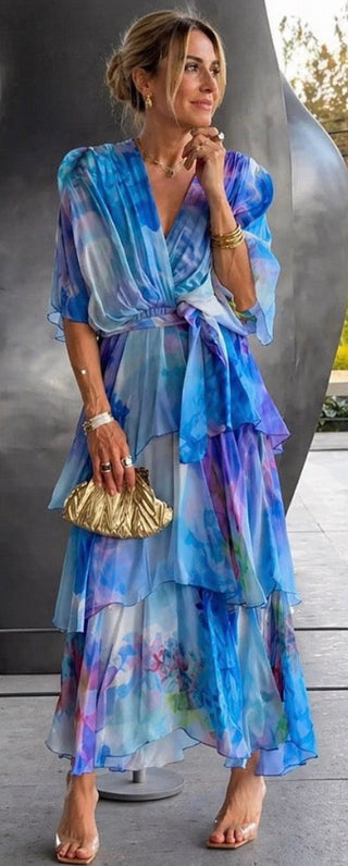 Kimberly | Robe Midi Aquarelle à Volants
