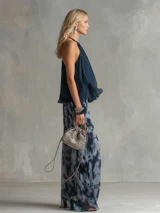 Ludovica | Ensemble élégant avec un haut col montant et un pantalon imprimé à coupe large