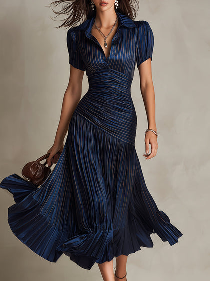 Adriana - Robe mi-longue en satin à rayures rétro