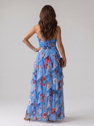 Nori™ Robe longue fleurie à col dos-nu et corsage froncé