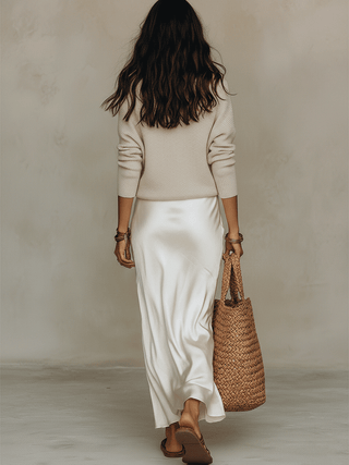 Ensemble Midi en Tricot et Satin Ivoire Sans Effort
